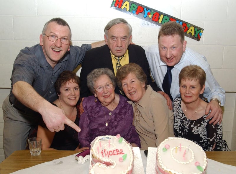 Phoebe Doherty celebrates her 90th birthday  with her family at St Joesph's Parish hall. Included are,  Joanie Doherty, Annie O Brian, Marion Curran, Joe Doherty, John O Brian and David Doherty. (2502CG11)