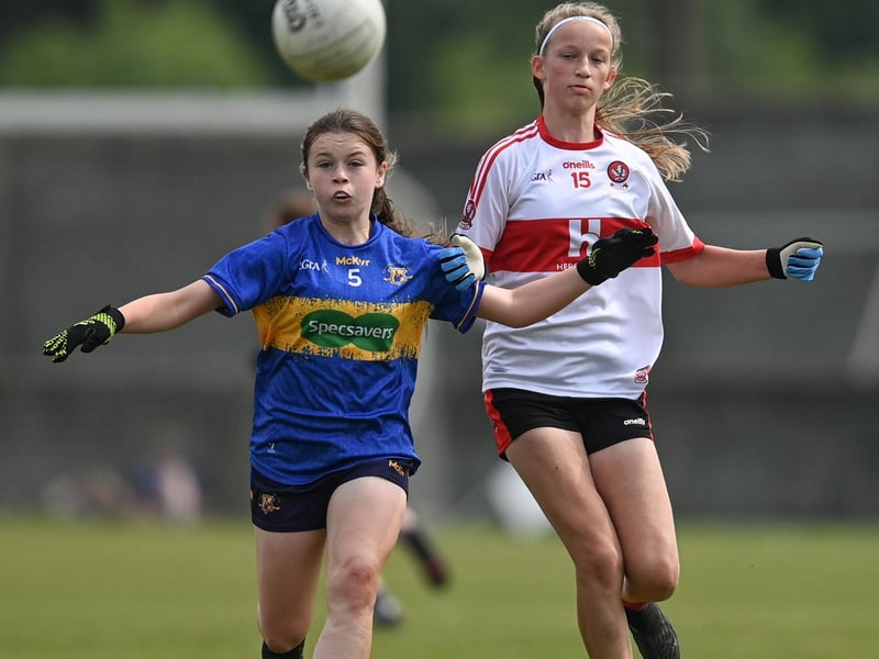 Action from the 2023 All-Ireland U14 Gold Final between Derry and Tipperary at Clan na Gael GAA Club in Dundalk, Louth. Photo by Stephen Marken/Sportsfile