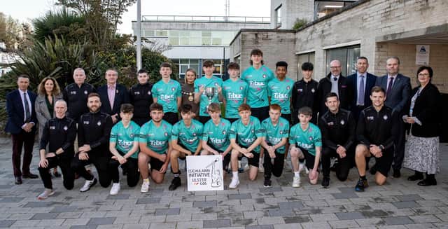 Members of the Limavady Cúchulainns team, made up of pupils from St Mary's High School, Limavady Grammar and Limavady High School, who won the recent All-Britain competition in London, pictured with the Deputy Mayor of Causeway Coast and Glens Borough Council, Councillor Kathleen McGurk, and guests at the Council offices in Limavady where a reception was held to mark the success.