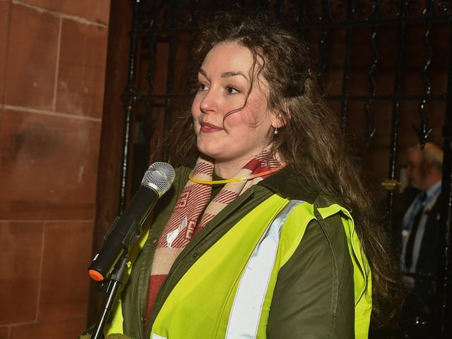 Hollie Reid speaking at the second annual Reclaim the Night walk, on Saturday evening, from Ebrington Square to Guildhall Square, organised by Foyle Women’s Information Network.  Photo: George Sweeney