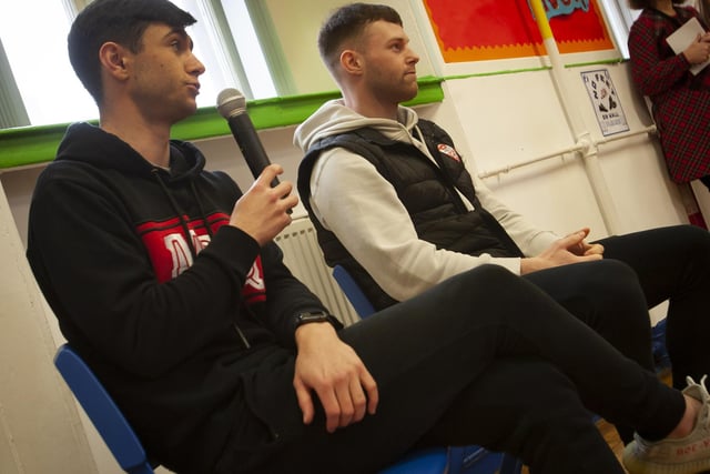 The two Derry City players Declan Glass and Cameron McJannett pictured during a Q&A with St. Eugene's PS pupils.