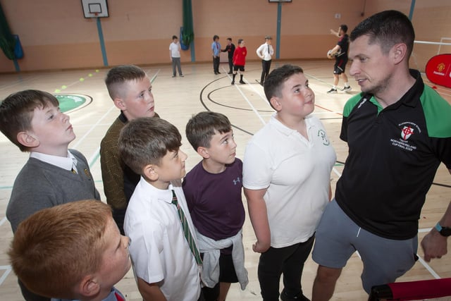St. Joseph’s Boys School PE teacher Emmett McGinty gets asked some questions during Tuesday’s Induction Day. (Photos: Jim McCafferty Photography)