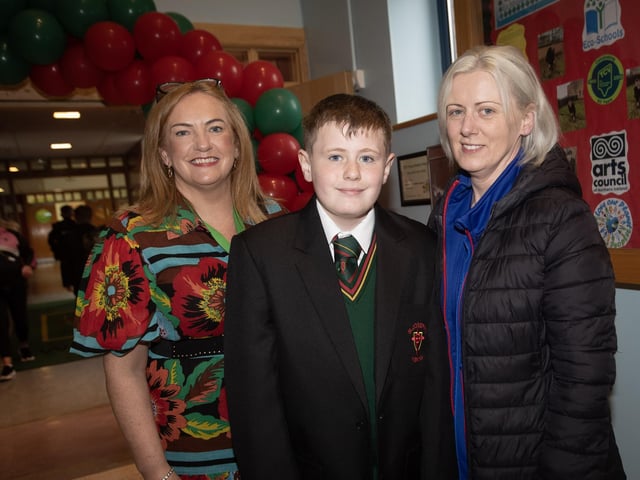 Mrs. Carla Hagan, St. Joseph's Boys School, pictured welcoming new Year 8 student Corey Watson and his mum Donna to the school on Monday morning. (Photos: Jim McCafferty Photography) : St. Joseph's Boys School welcomes latest influx of Year 8 pupils