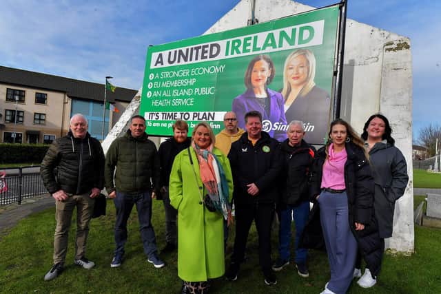 Sinn Féin councillors pictured at Free Derry Conor for the launch of the party's United Ireland campaign. Photo: George Sweeney