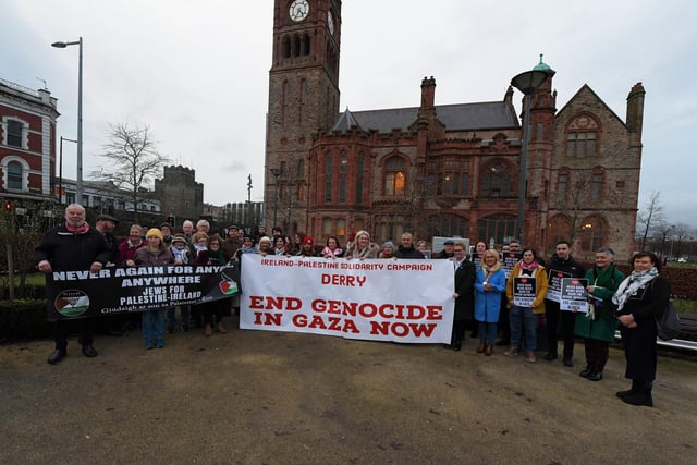 People attend a Holocaust Memorial Day vigil for Gaza, held in the Peace Garden on Saturday afternoon, supported by Jews for Palestine Ireland, Derry-Ireland Palestine Solidarity Campaign and Derry TUC.  Photo: George Sweeney