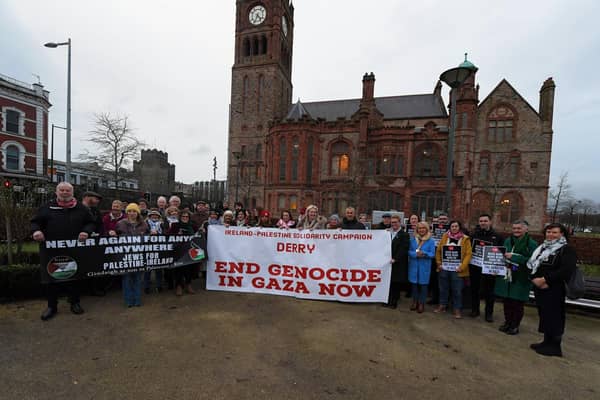 People attend a Holocaust Memorial Day vigil for Gaza, held in the Peace Garden on Saturday afternoon, supported by Jews for Palestine Ireland, Derry-Ireland Palestine Solidarity Campaign and Derry TUC.  Photo: George Sweeney