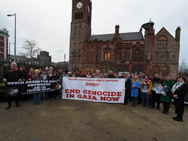 People attend a Holocaust Memorial Day vigil for Gaza, held in the Peace Garden on Saturday afternoon, supported by Jews for Palestine Ireland, Derry-Ireland Palestine Solidarity Campaign and Derry TUC. Photo: George Sweeney