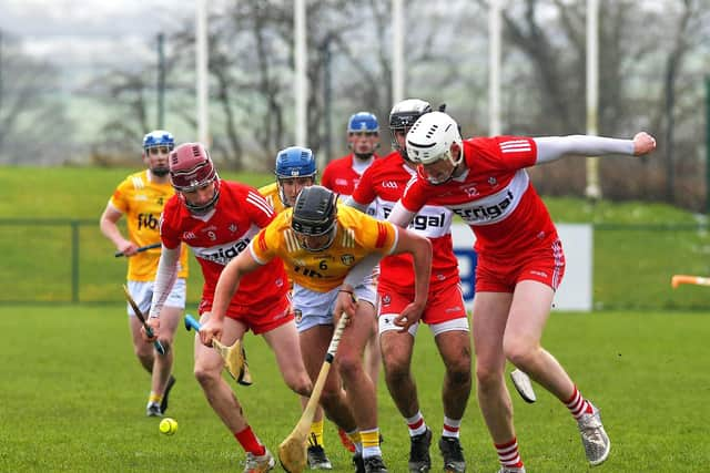 Derry and Antrim players battle for the sliothar during Ulster U20 Hurling Cup Final at Owenbeg on Saturday. Photo: George Sweeney. DER2310GS – 115