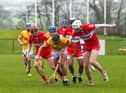 Derry and Antrim players battle for the sliothar during Ulster U20 Hurling Cup Final at Owenbeg on Saturday. Photo: George Sweeney. DER2310GS – 115