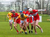 Derry and Antrim players battle for the sliothar during Ulster U20 Hurling Cup Final at Owenbeg on Saturday. Photo: George Sweeney. DER2310GS – 115