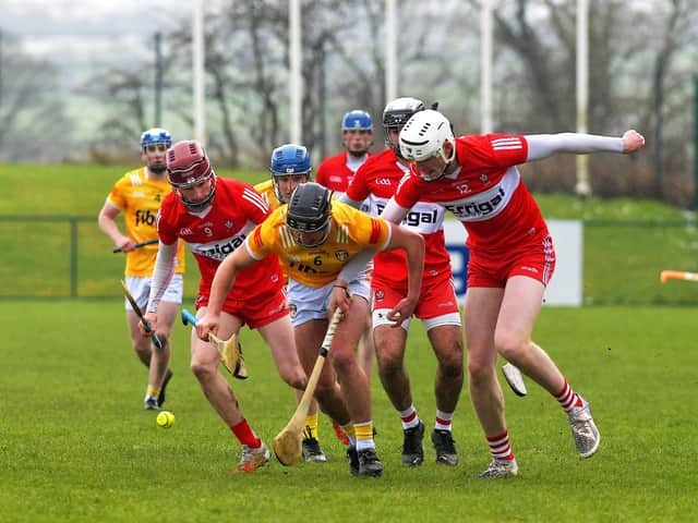 Derry and Antrim players battle for the sliothar during Ulster U20 Hurling Cup Final at Owenbeg on Saturday. Photo: George Sweeney. DER2310GS – 115