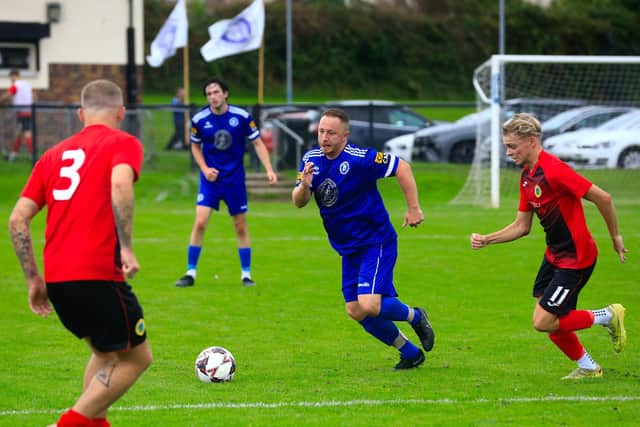 Trojans Raymond Rogan races forward for the ball in the Ballymena and Provincial League game held in Oakland Park. (Photo - Tom Heaney, nwpresspics)