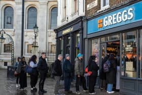 LONDON, ENGLAND - DECEMBER 8: People queue for Greggs on December 08, 2023 in London, England. (Photo by Carl Court/Getty Images)