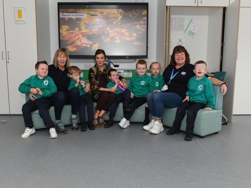 Mrs Morrow with her P1 class and assistants at Ardnashee School.