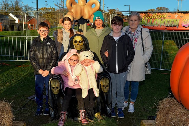 Members of the Rogers family pictured with Barney Bones at the Cullen's Halloween Funfair on Wednesday afternoon last. Photo: George Sweeney.  DER2243GS – 052