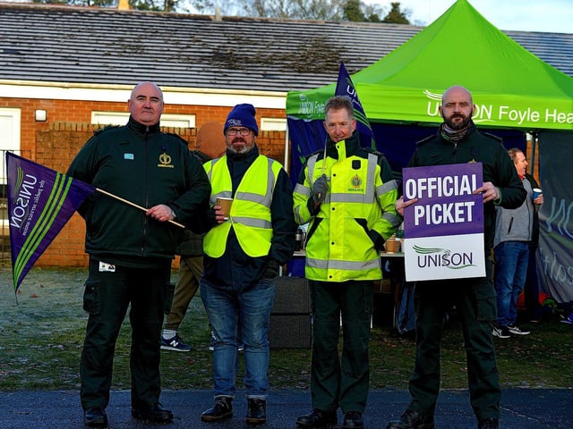 Health and social care workers seeking better pay and conditions take part in industrial action at Altnagelvin Hospital on Monday morning. Photo: George Sweeney. DER2250GS – 06