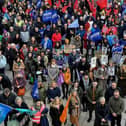 Teachers' unions members and supporters at a strike rally in Guildhall Square last year. NASUWT and INTO members are joining unprecedented industrial action next Thursday.