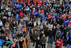 Teachers' unions members and supporters at a strike rally in Guildhall Square last year. NASUWT and INTO members are joining unprecedented industrial action next Thursday.