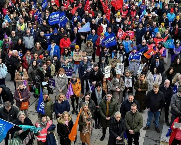 Teachers' unions members and supporters at a strike rally in Guildhall Square last year. NASUWT and INTO members are joining unprecedented industrial action next Thursday.