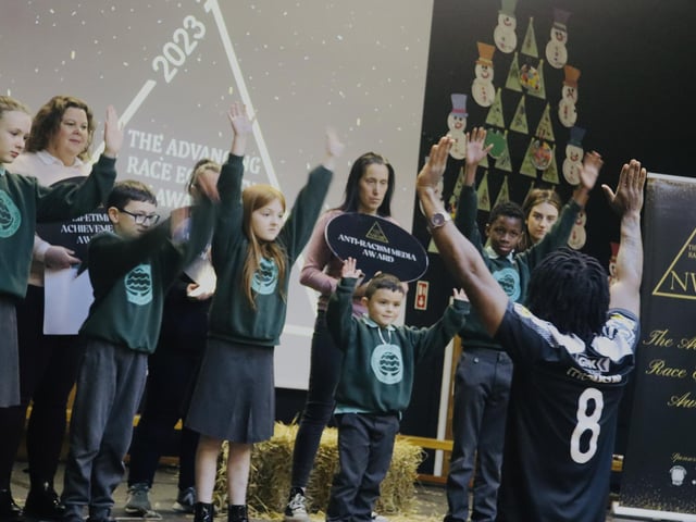 Oakgrove Integrated Primary School pupils Roisin, Cillian, Aoibhe, Destan and Omniscience taking part in one of Black Paddy’s fun games.