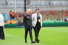 Derry City manager Ruaidhri Higgins and assistant Paul Hegarty deep in thought ahead of the FAI Cup Final at the Aviva Stadium on Sunday. Credit: Kevin Moore/MCIphoto