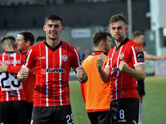 Derry City goal scorers Cian Kavanagh and Will Patching pictured at the end of the game against KuPs FC. Photo: George Sweeney. DER2330GS -