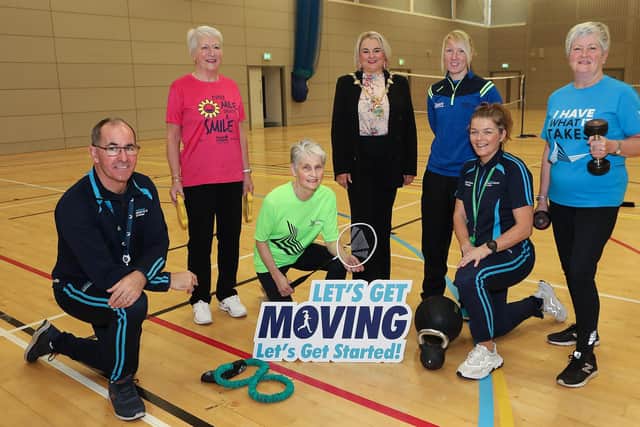 Mayor Sandra Duffy at the launch of "Let's Get Moving - Let's Get Started!" event at the Foyle Arena with staff, Ron McGowan, Lisa Melly and Rosie Hargan. Also included are Gertrude Carey, Mary McLaughlin and Angie McCloskey. (Photo - Tom Heaney, nwpresspics)
