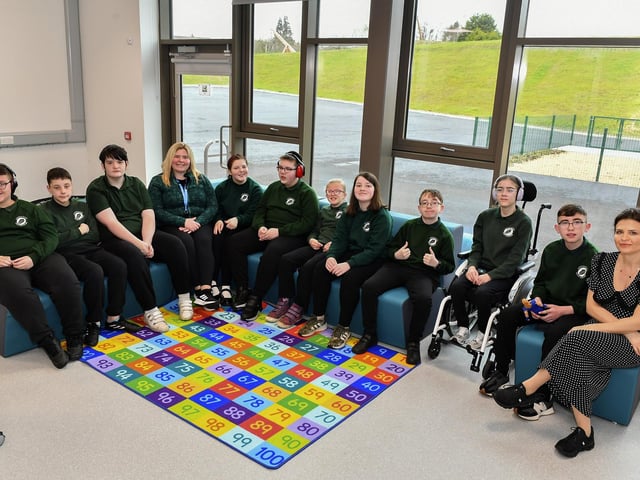 8D pupils and staff at the newly opened Ardnashee School and College Northland Academy, on Northland Road, on Monday morning. Photo: George Sweeney