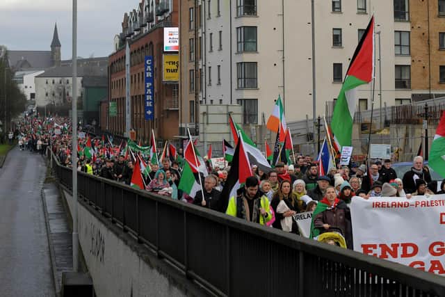 Thousands of protesters marching in Derry previously in solidarity with the people of Palestine during the war on Gaza. Photo: George Sweeney