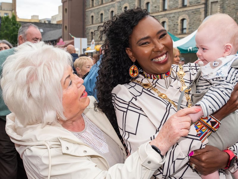 The Mayor Councillor Lilian Seenoi-Barr visited Derry City and Strabane District Council’s Maritime Festival where she met members of they public, served some Street Food and encountered some nautical characters as the weekend long festival got into full swing at the beginning of the summer holidays. Included are Kathleen Bradley and five months old Evan Bradley-Doherty. Picture Martin McKeown. 28.06.24