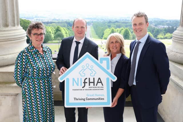 Minister Gordon Lyons and Foyle MLA Ciara Ferguson with NIFHA representatives at the launch.