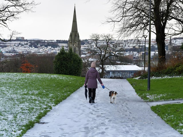 A light covering of snow in Brooke Park on Tuesday morning. Photo: George Sweeney