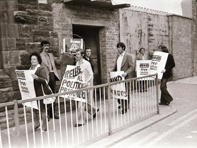 Pictured are people taking part in anti-internment demonstrations across Derry in August 1975 on the anniversary of the introduction of internment without trial in the north of Ireland four years earlier on August 9, 1971. Photos: Derry Journal.