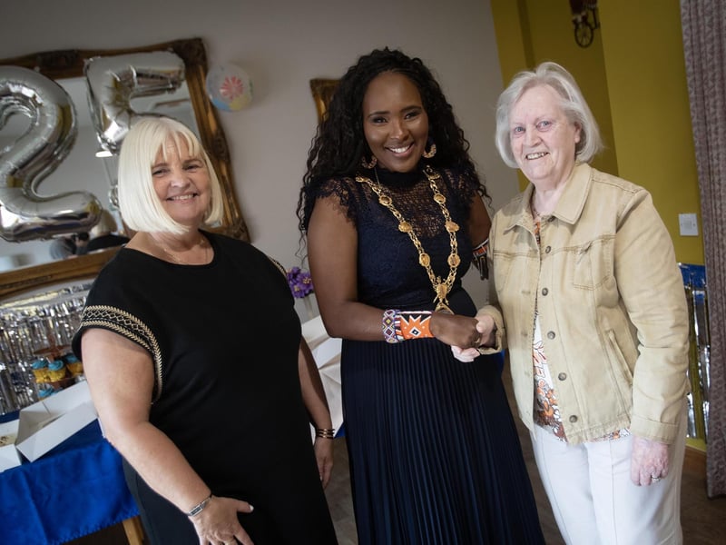The Mayor, Lillian Seenoi-Barr being introduced to Mrs. Mena Moore (Moore Construction, who built the home 25 years ago) during Thursday's 25th Anniversary celebrations at Longfield Care Home. On left is Louise Carroll, Home Manager. (Photos: Jim McCafferty Photography)