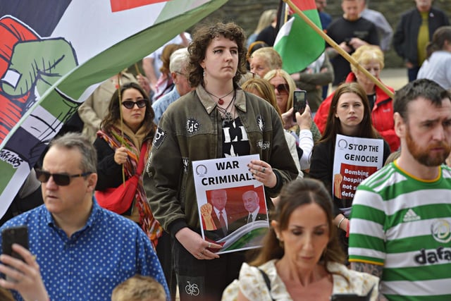 Supporters take part in a Freedom for Palestine march and rally, in Guildhall Square, on Saturday afternoon.  Photo: George Sweeney