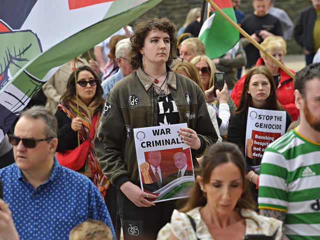 Supporters take part in a Freedom for Palestine march and rally, in Guildhall Square, on Saturday afternoon. Photo: George Sweeney