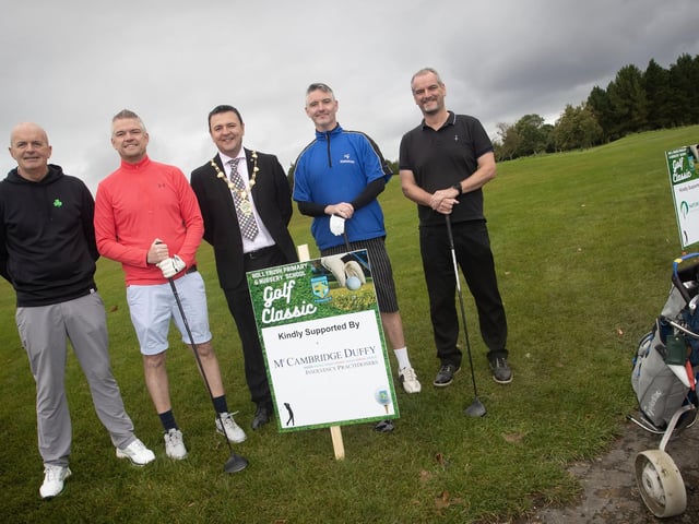 Hollybush's Golf Classic organiser, Andy McDermott with sponsor Darragh Duffy from Mc Cambridge Duffy and his four ball team (including the Mayor, Ruairi McHugh!).