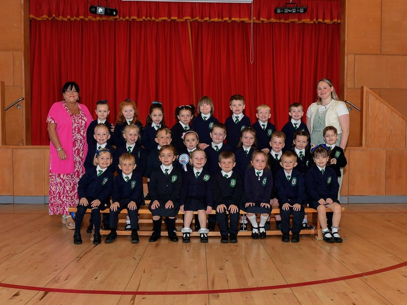Mrs McGowan, teacher, and Miss Devine’s P1 class at St Patrick’s Primary School.