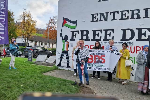 Catherine Hutton addressing a previous rally in solidarity with the people of Palestine.