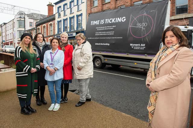 Marie Brown, director Foyle Women's Aid, right, with other representatives as the campaign was launched in Derry city centre.