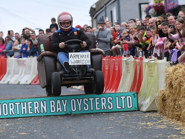 Competitor takes part in the Soap Box Derby run, held in Carndonagh, on Saturday afternoon. Photo: George Sweeney