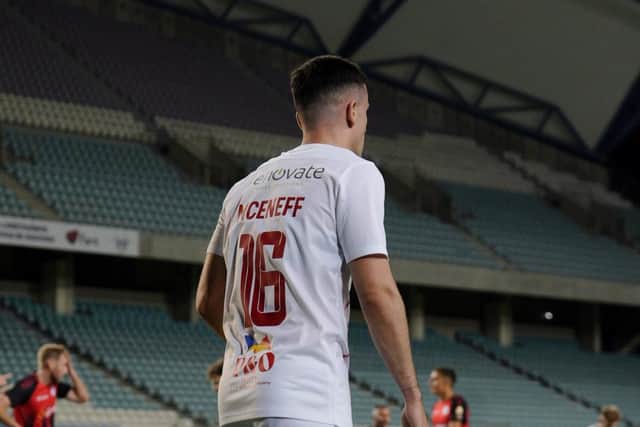 Larne’s Jordan McEniff makes his debut against Lincoln Red Impsin the Uefa Conference League play-off last month.