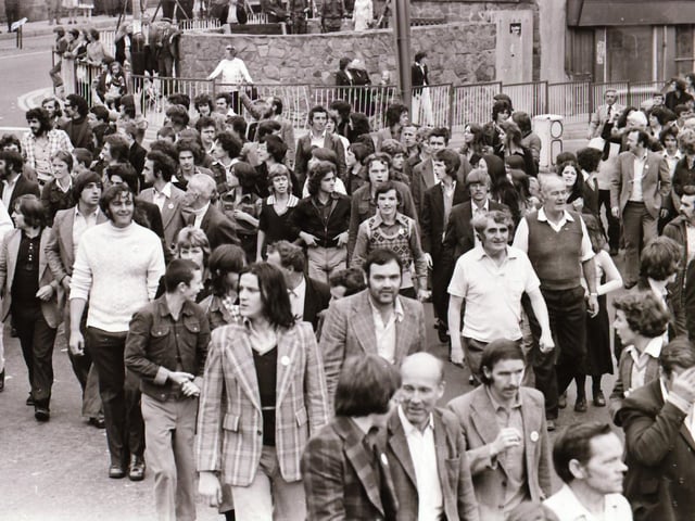 Pictured are people taking part in anti-internment demonstrations across Derry in August 1975 on the anniversary of the introduction of internment without trial in the north of Ireland four years earlier on August 9, 1971. Photos: Derry Journal.