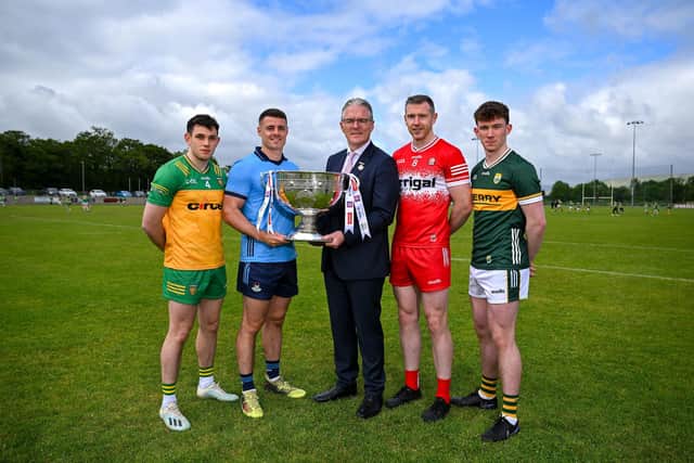 In attendance at the launch of the All-Ireland Series in Glen are footballers from left, Caolan McColgan (Donegal), Brian Howard (Dublin), Emmett Bradley (Derry) and Ruairi Murphy (Kerry) with Uachtarán Chumann Lúthchleas Gael Jarlath Burns. (Photo by Brendan Moran/Sportsfile)