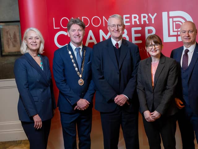 L-R) Anna Doherty, Chief Executive, Derry Chamber; Andrew Fleming, President, Derry Chamber; Secretary of State for Northern Ireland, Hilary Benn MP; Minister for the Economy, Dr Caoimhe Archibald MLA; Professor Paul Bartholomew, Vice-Chancellor, Ulster University (Event sponsor).