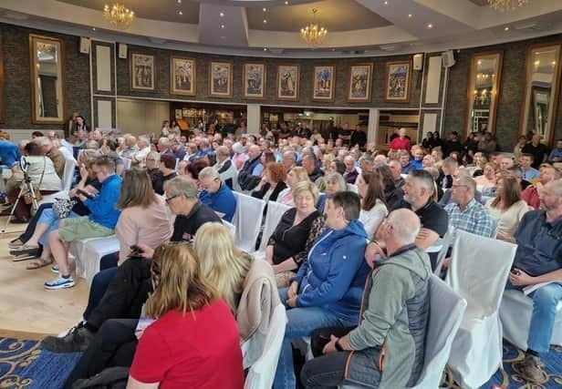A section of the large crowd at the Information Evening held at the An Grianan Hotel in Burt on July 24.