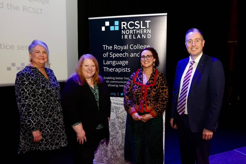 (L-R) Michelle Tennyson, Chief Allied Health Professions Officer, Justice Minister, Naomi Long MLA, Ruth Sedgewick, Head of RCSLT NI, Education Minister, Paul Givan MLA.