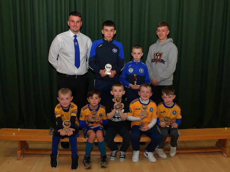 Players from Trojans FC who received Man of the Match Awards, at the club’s annual prizegiving, pictured with Diolain Ward Vice- Chairperson and Derry City’s Ciaron Harkin. Photo: George Sweeney