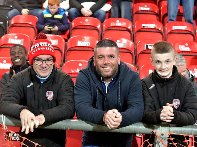 Derry City fans at the Ryan McBride Brandywell Stadium for the game against Dundalk on Friday evening last. Photo: George Sweeney. DER2310GS – 044