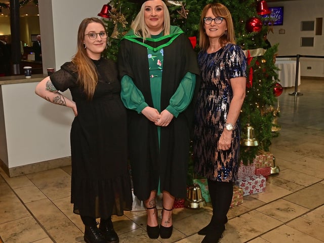 Pacemaker Press 13/12/22Claire McCorkell from Strabane   with  family Jennifer (Left) and Rosie (right) ,Who graduated in Nursing at the Ulster University graduation in the Millennium Forum in Derry on Tuesday.Pic  Pacemaker:.